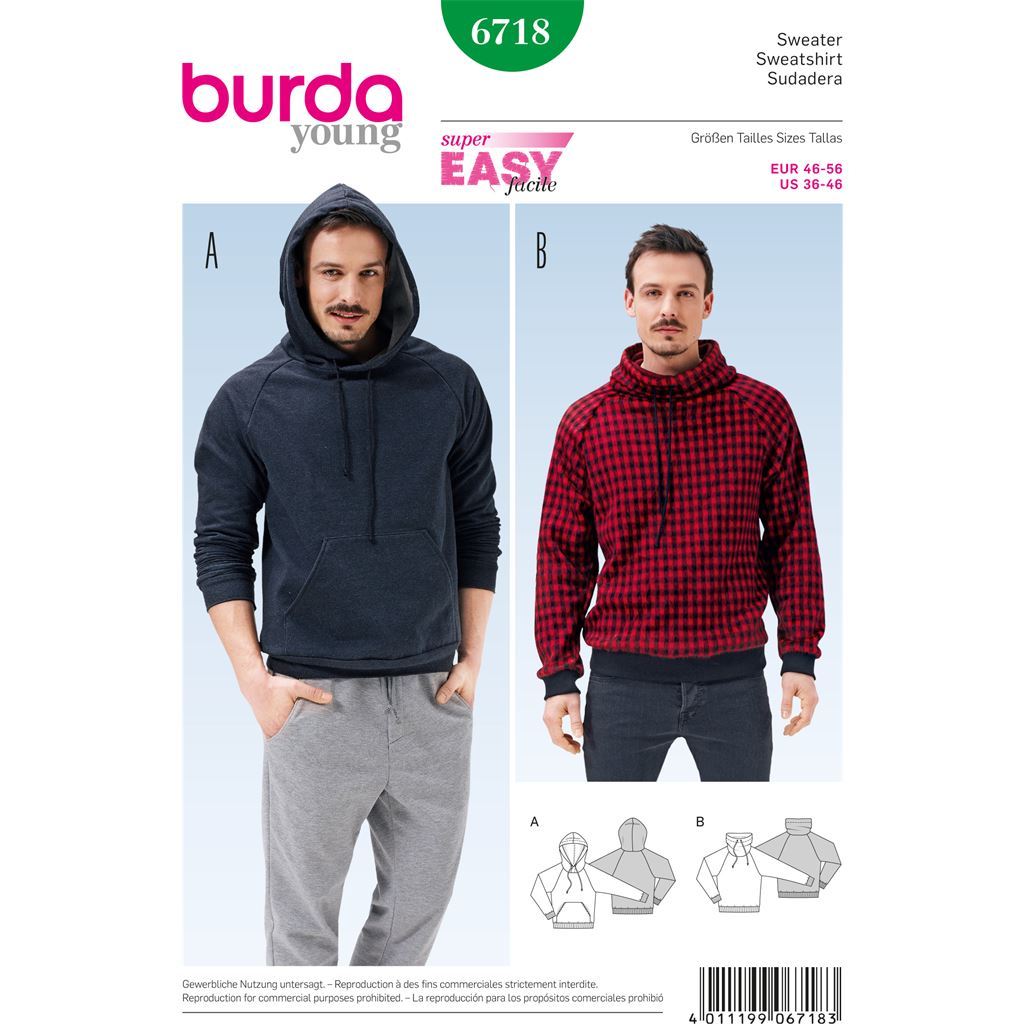 Burda B6718 Mens Pullover Hoodie Sewing Pattern 6718 Image 1 From Patternsandplains.com