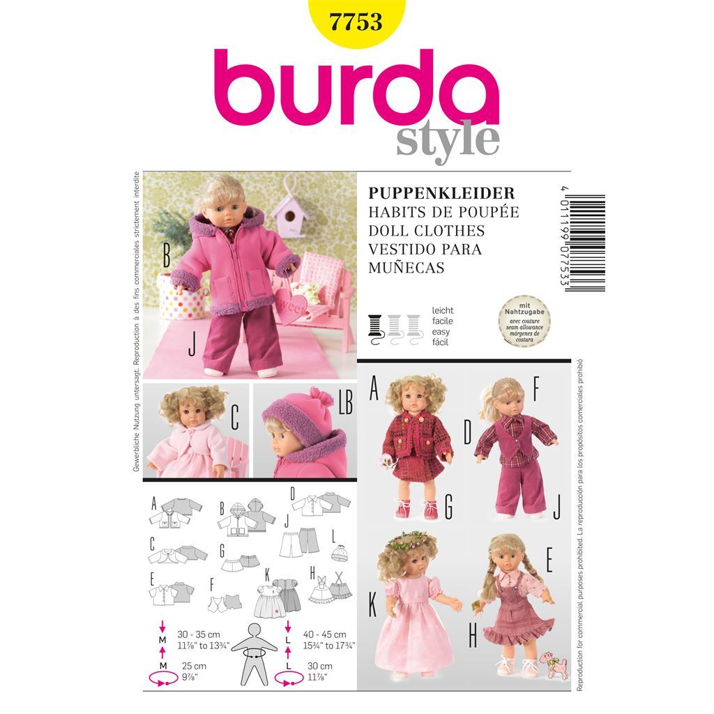Burda B7753 Doll Clothes Sewing Pattern 7753 Image 1 From Patternsandplains.com