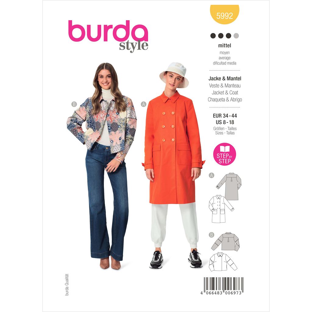 Burda Style Pattern 5992 Misses Double Breasted Jacket and Coat B5992 Image 1 From Patternsandplains.com