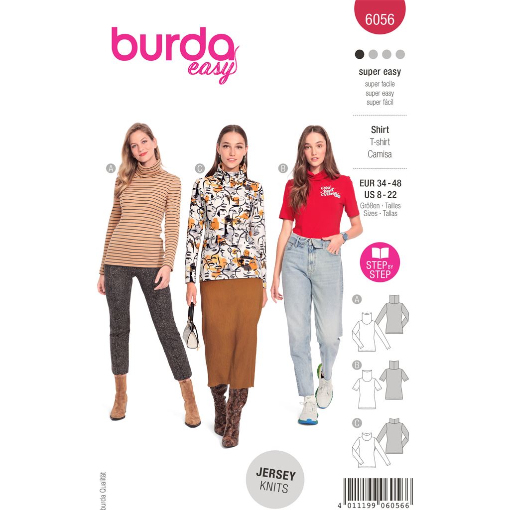 Burda Style Pattern 6056 Misses Turtleneck Top with Half or Full Length Sleeves B6056 Image 1 From Patternsandplains.com