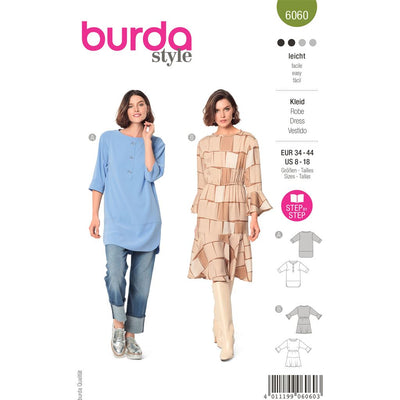 Burda Style Pattern 6060 Misses Tunic Top with Bands and Rounded Off Slits and Dress with Flounces and Elastic at Waist B6060 Image 1 From Patternsandplains.com