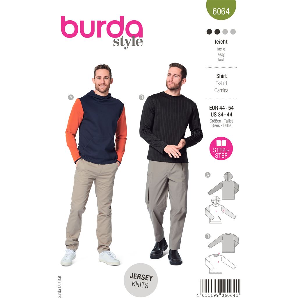 Burda Style Pattern 6064 Mens Classic Sweatshirt with Hood or Neckband B6064 Image 1 From Patternsandplains.com