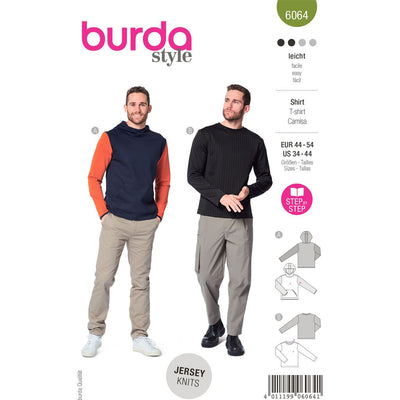 Burda Style Pattern 6064 Mens Classic Sweatshirt with Hood or Neckband B6064 Image 1 From Patternsandplains.com