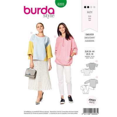 Burda Style Pattern 6203 Misses Sweatshirt T Line with Interesting Seam Lines B6203 Image 1 From Patternsandplains.com