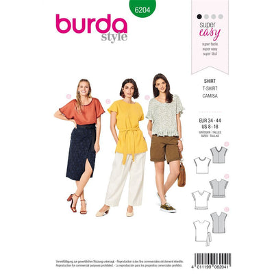 Burda Style Pattern 6204 Misses Blouse Shirt Over cut Shoulders V neck in Front or Back B6204 Image 1 From Patternsandplains.com