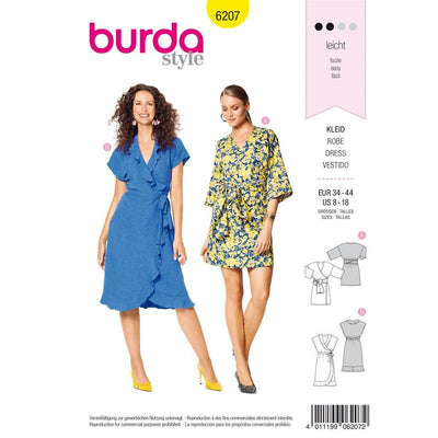 Burda Style Pattern 6207 Misses Wrap Dress with Tie Bands Hem and Neckline Flounces B6207 Image 1 From Patternsandplains.com