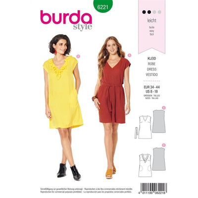 Burda Style Pattern 6221 Misses Dress Sleeveless V Neck with Flounce Casual Cut B6221 Image 1 From Patternsandplains.com