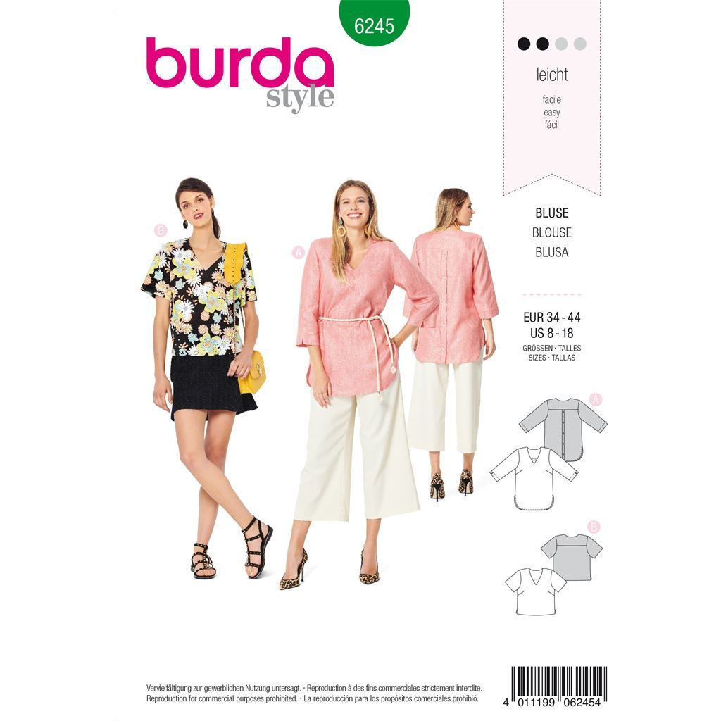 Burda Style Pattern 6245 Misses Blouse Tunic Top V Neck Back Button Fastening B6245 Image 1 From Patternsandplains.com