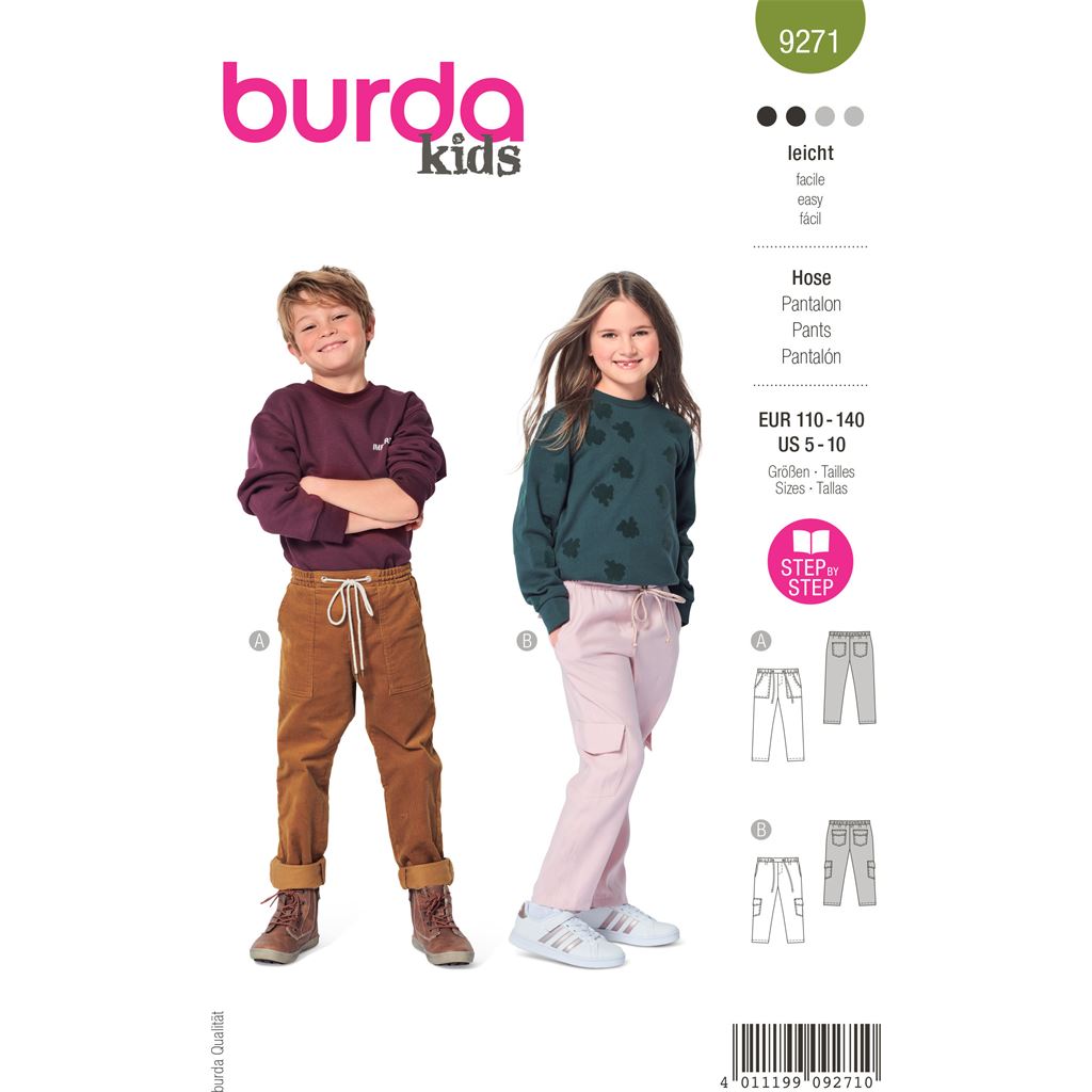 Burda Style Pattern 9271 Childrens Slip on Trousers and Pants with Elastic and Patch Pockets B9271 Image 1 From Patternsandplains.com