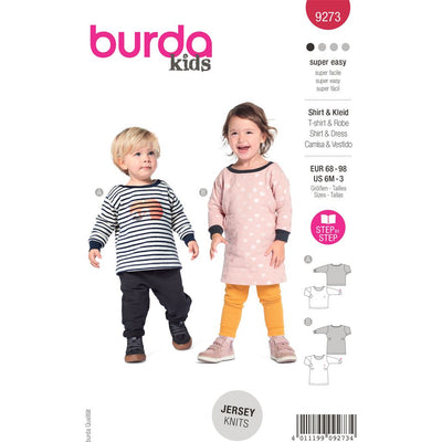 Burda Style Pattern 9273 Babies Top and Dress with Round Neckline and Rib Knit Bands B9273 Image 1 From Patternsandplains.com