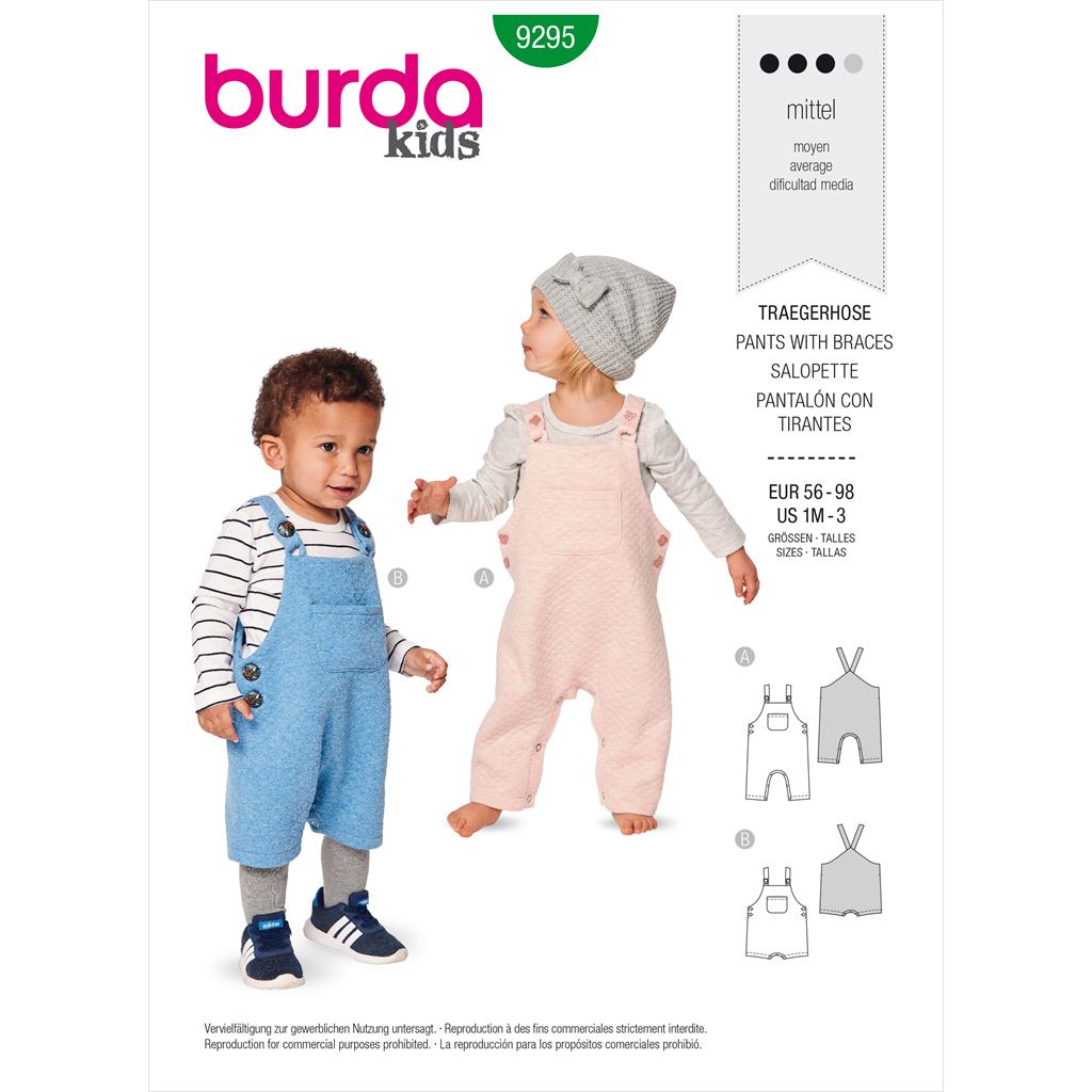 Burda Style Pattern 9295 Babies Bibbed trousers or pants Overalls with straps B9295 Image 1 From Patternsandplains.com