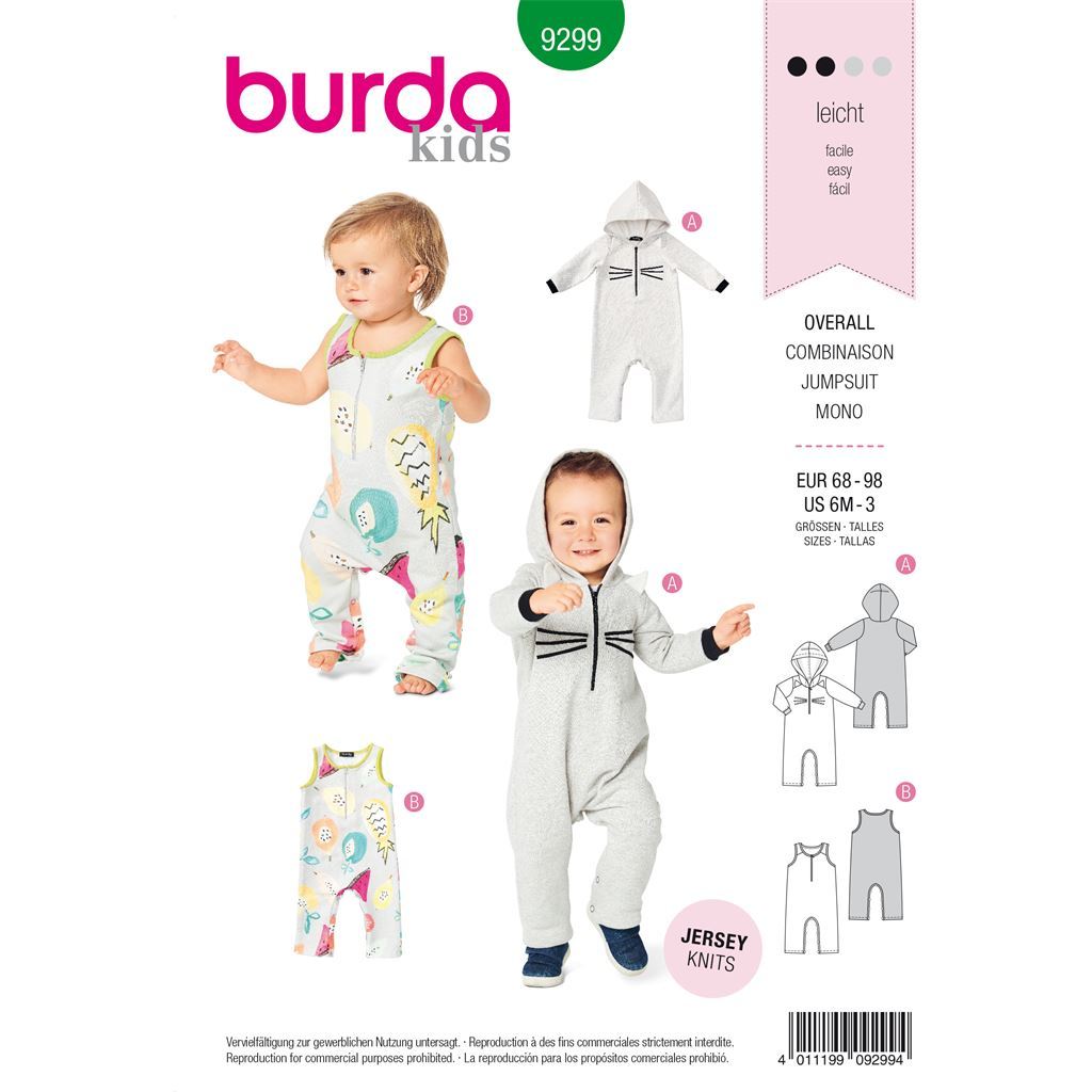 Burda Style Pattern 9299 Toddlers Overalls with Hood with or without Sleeves Crotch Fastening B9299 Image 1 From Patternsandplains.com