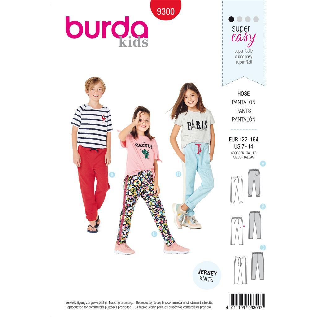 Burda Style Pattern 9300 Childrens Jogging Pants Elastic Waist Sweatpants B9300 Image 1 From Patternsandplains.com