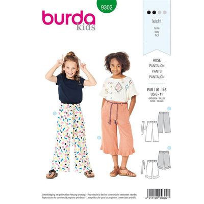 Burda Style Pattern 9302 Childrens Pants with Elastic Waist Culottes 7 8 Length B9302 Image 1 From Patternsandplains.com
