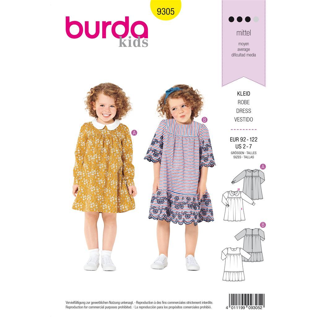 Burda Style Pattern 9305 Childrens Dress with Yoke Peter Pan Collar Hem Frill B9305 Image 1 From Patternsandplains.com