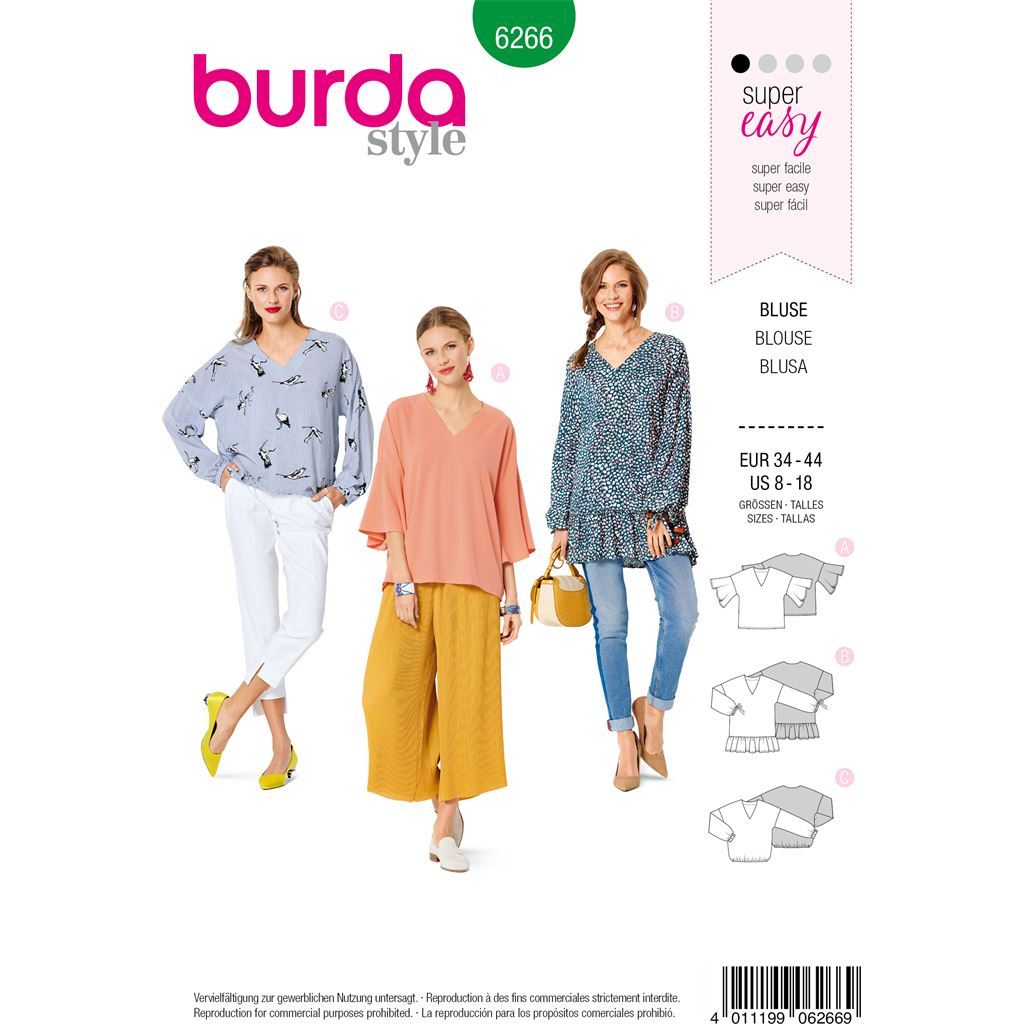 Burda Style Pattern B6266 Misses Tops Loose Fitting with Sleeve Variations 6266 Image 1 From Patternsandplains.com