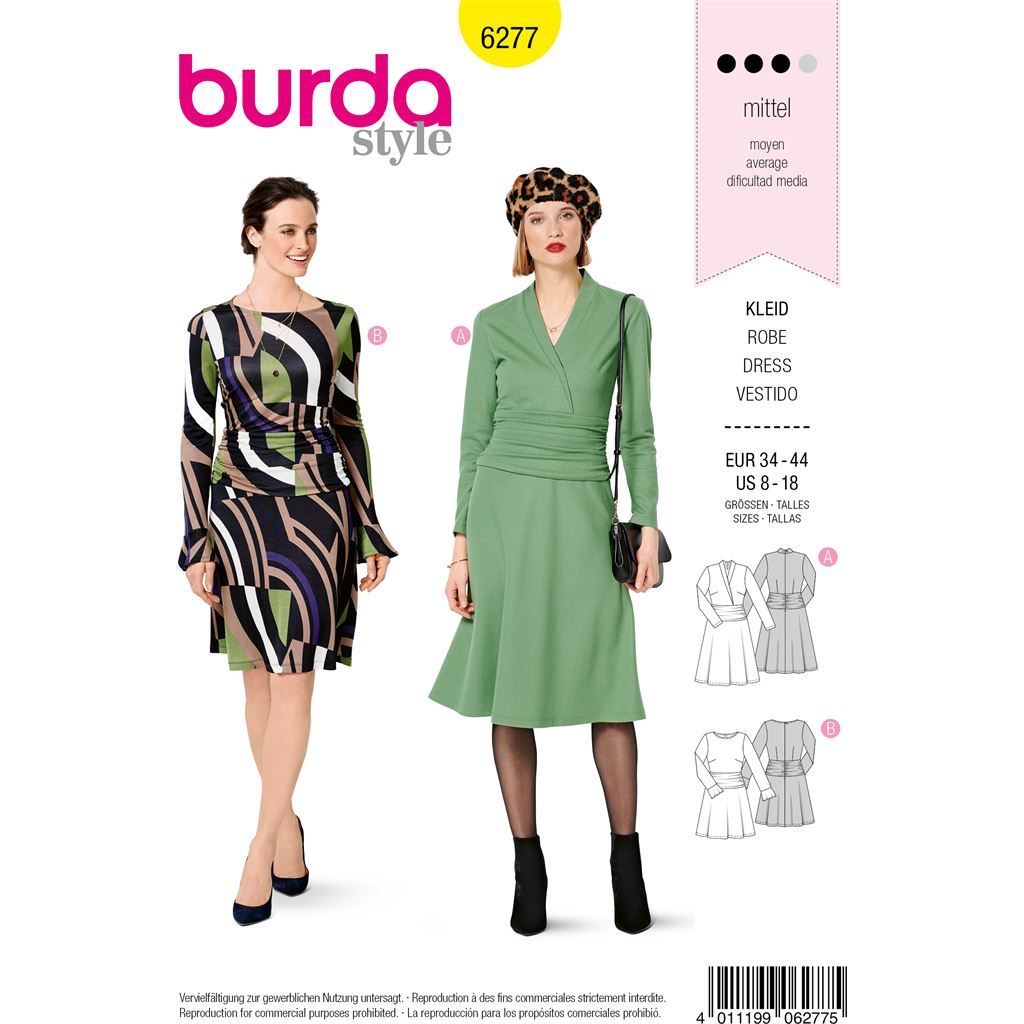 Burda Style Pattern B6277 Misses Knit Dresses with Neckline Skirt and Sleeve Variations 6277 Image 1 From Patternsandplains.com
