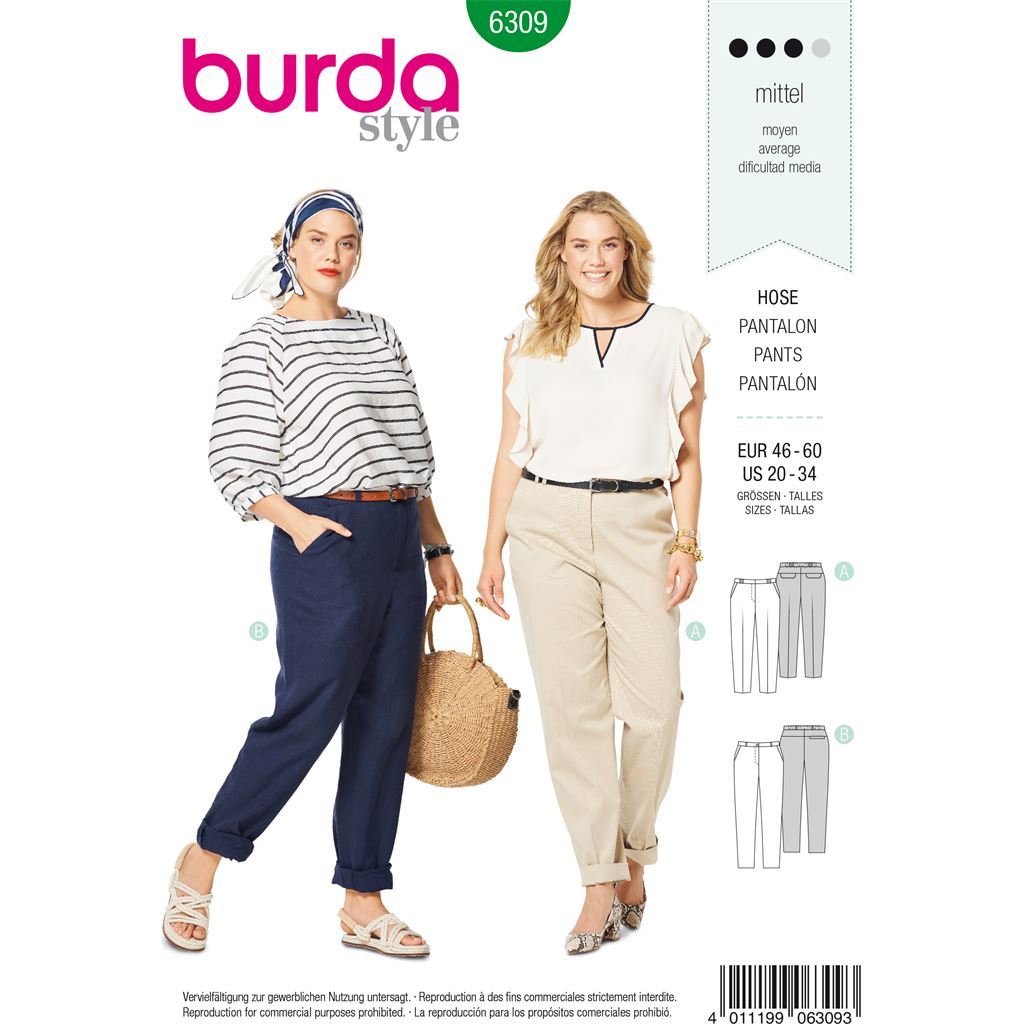 Burda Style Pattern B6309 Womens back elastic pants 6309 Image 1 From Patternsandplains.com