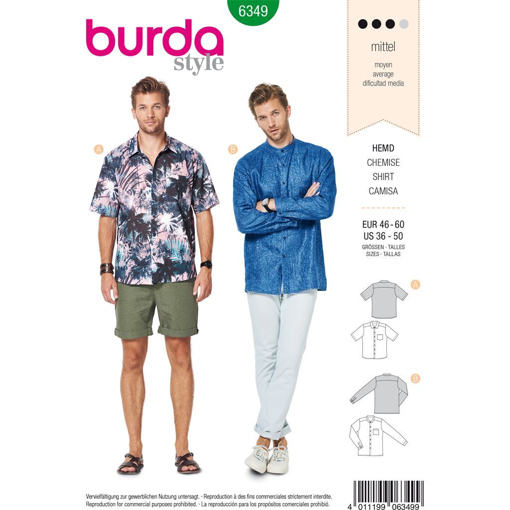 Burda Style Pattern B6349 Mens shirt with collar 6349 Image 1 From Patternsandplains.com