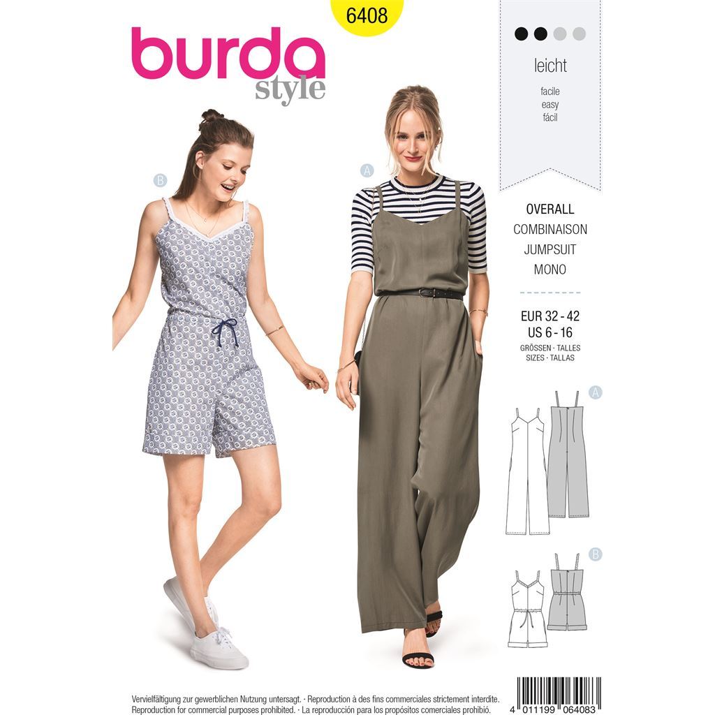 Burda Style Pattern B6408 Misses Jumpsuit in Various Lengths 6408 Image 1 From Patternsandplains.com