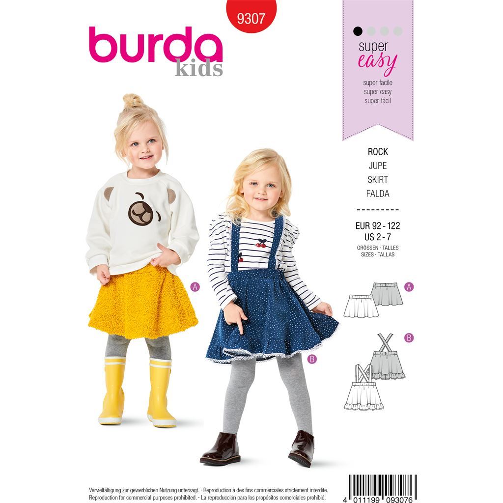 Burda Style Pattern B9307 Childrens Skirts Flared Pull On with Trim and Strap Options 9307 Image 1 From Patternsandplains.com