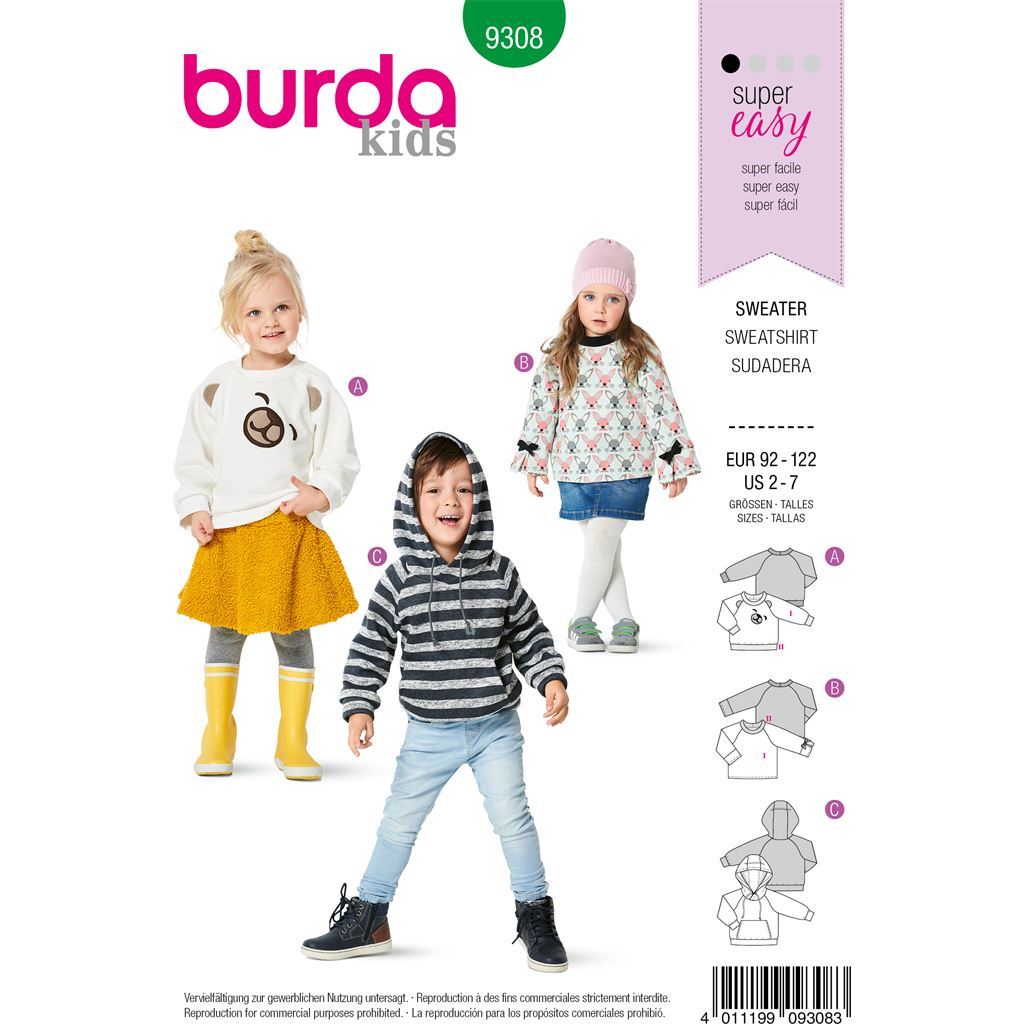 Burda Style Pattern B9308 Childrens Hoodie and Sweatshirt Tops Sleeve Trim and Pocket Variations 9308 Image 1 From Patternsandplains.com
