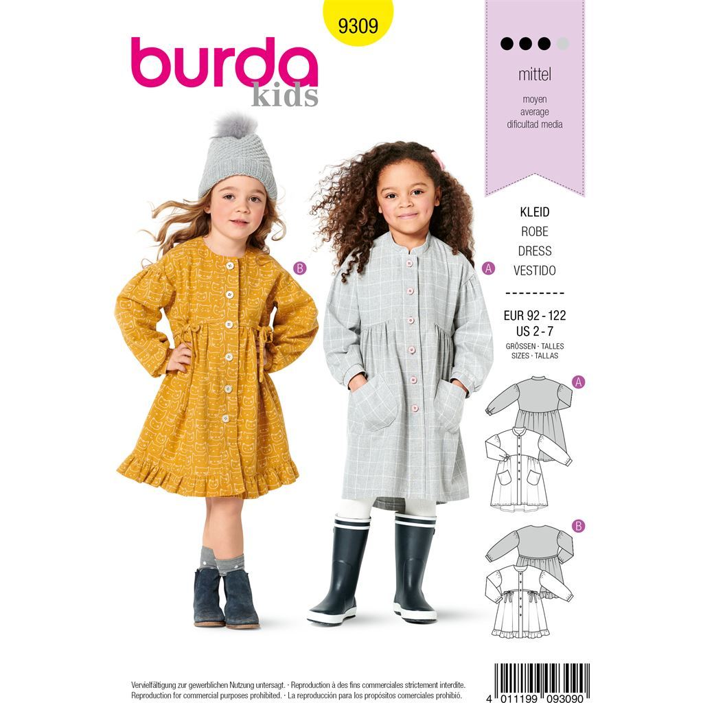 Burda Style Pattern B9309 Childrens Dresses Buttons at Front with Trim and Pocket Variations 9309 Image 1 From Patternsandplains.com