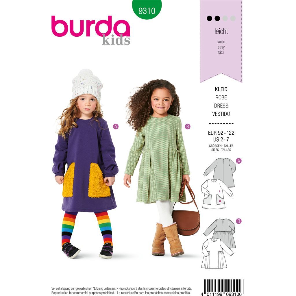 Burda Style Pattern B9310 Childrens Dress Pull On with Partially Pleated Skirt or Feature Pockets 9310 Image 1 From Patternsandplains.com