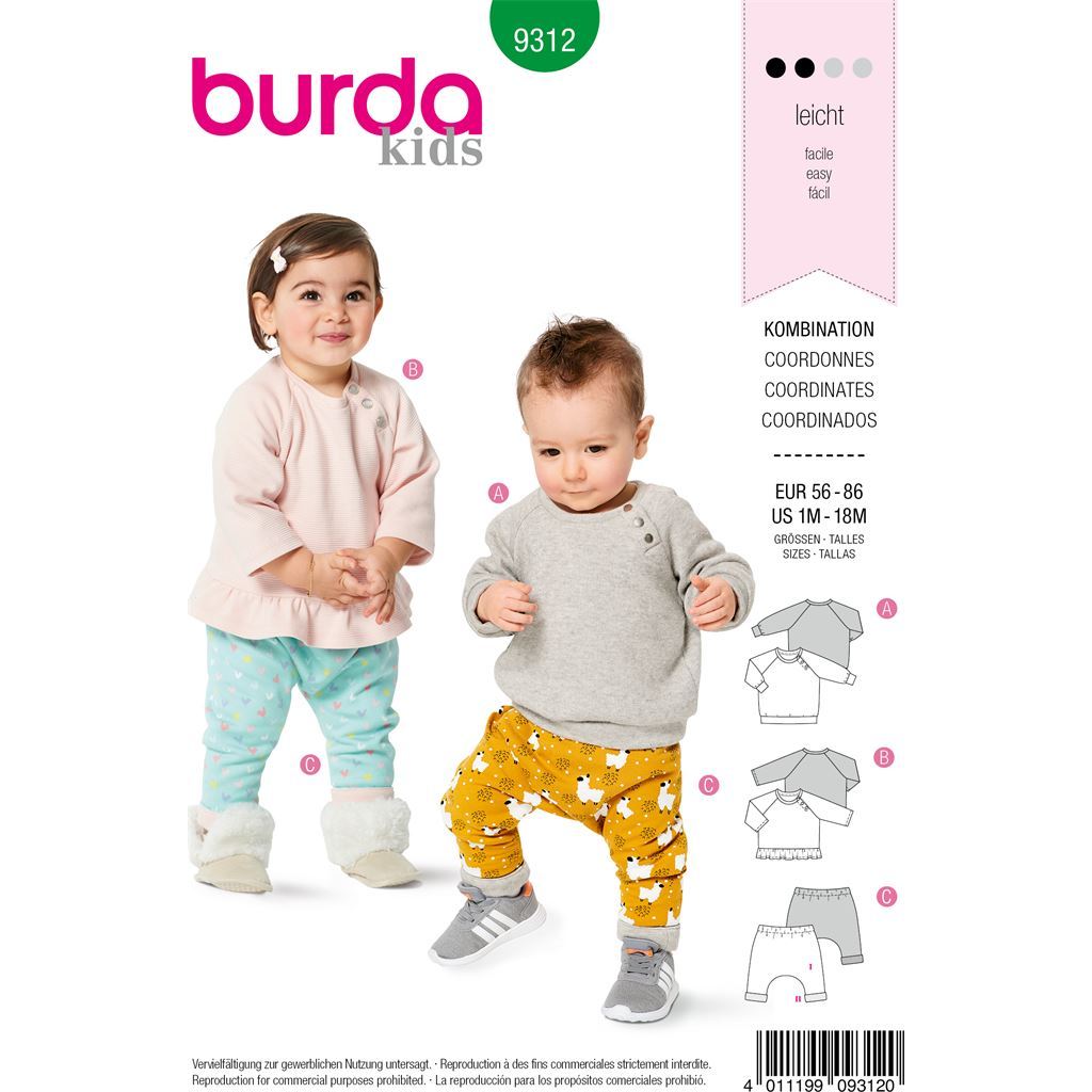 Burda Style Pattern B9312 Babies Coordinates Pull On Top and Pants 9312 Image 1 From Patternsandplains.com