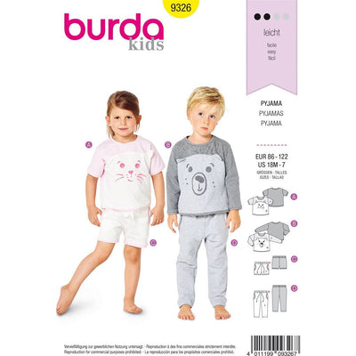 Burda Style Pattern B9326 Toddlers sleepwear 9326 Image 1 From Patternsandplains.com