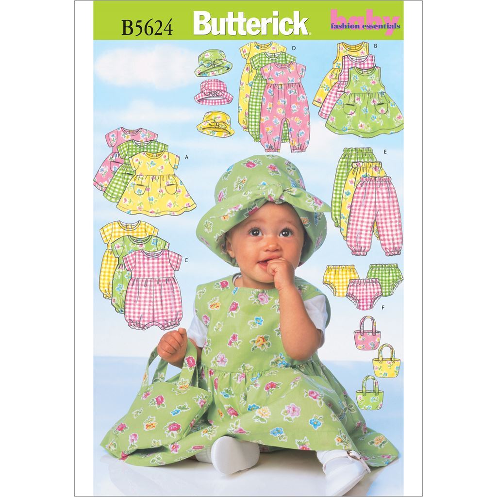 Butterick Pattern B5624 Infants Dress Jumper Romper Jumpsuit Panties Hat and Bag 5624 Image 1 From Patternsandplains.com