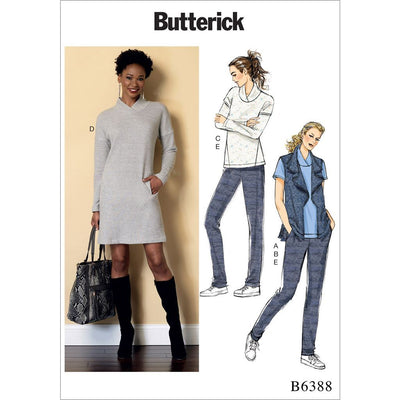 Butterick Pattern B6388 Misses Lapped Collar Tops and Dress Draped Collar Vest and Pleated Pants 6388 Image 1 From Patternsandplains.com