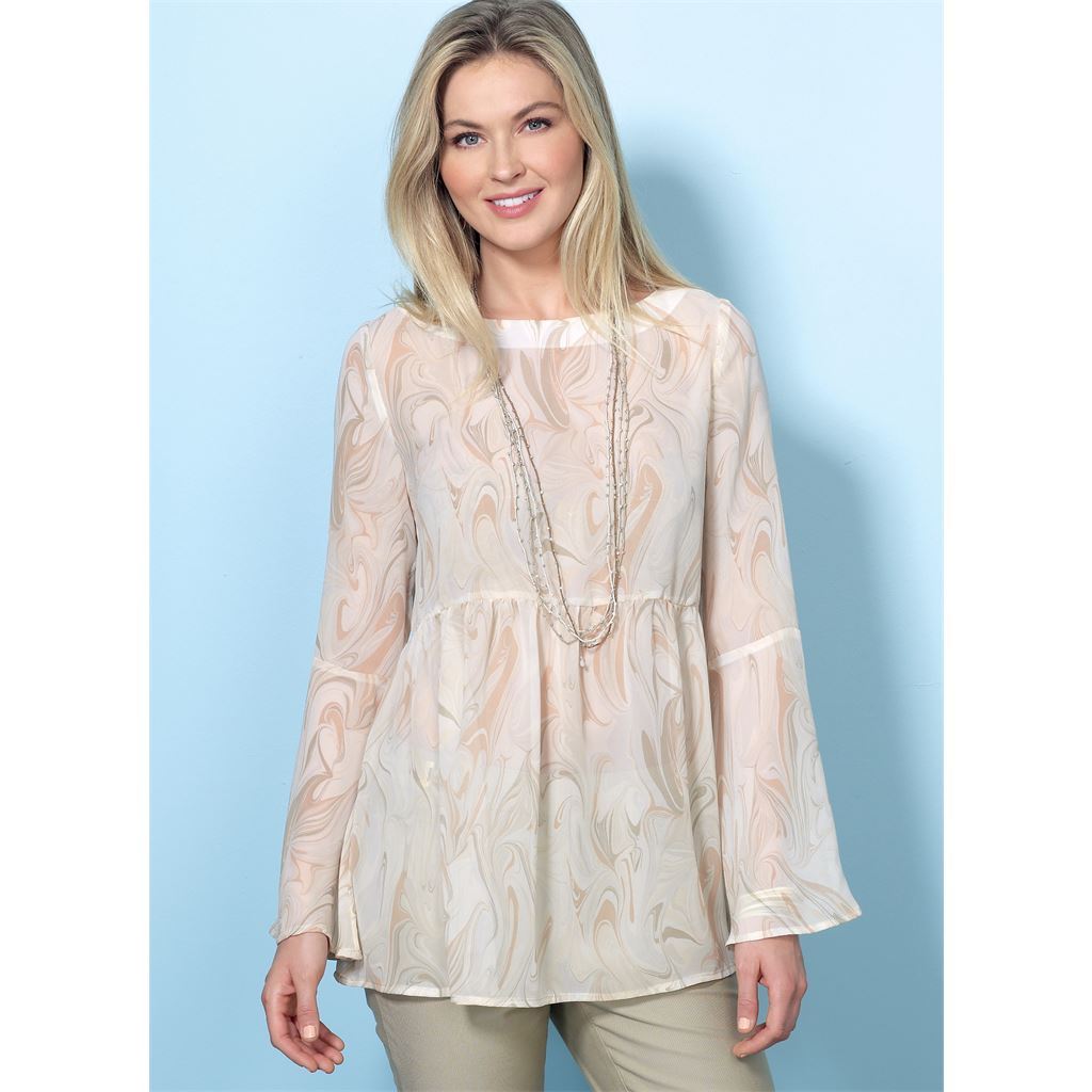 Butterick Pattern B6486 Misses Loose Fitting Gathered Waist Pullover Tops with Bell Sleeves 6486 Image 2 From Patternsandplains.com