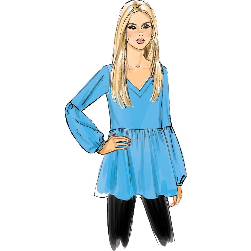 Butterick Pattern B6486 Misses Loose Fitting Gathered Waist Pullover Tops with Bell Sleeves 6486 Image 4 From Patternsandplains.com