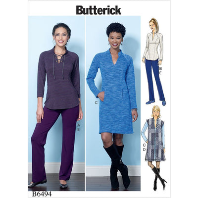 Butterick Pattern B6494 Misses Knit Raglan Sleeve Tops and Dress Vest and Pull On Pants 6494 Image 1 From Patternsandplains.com