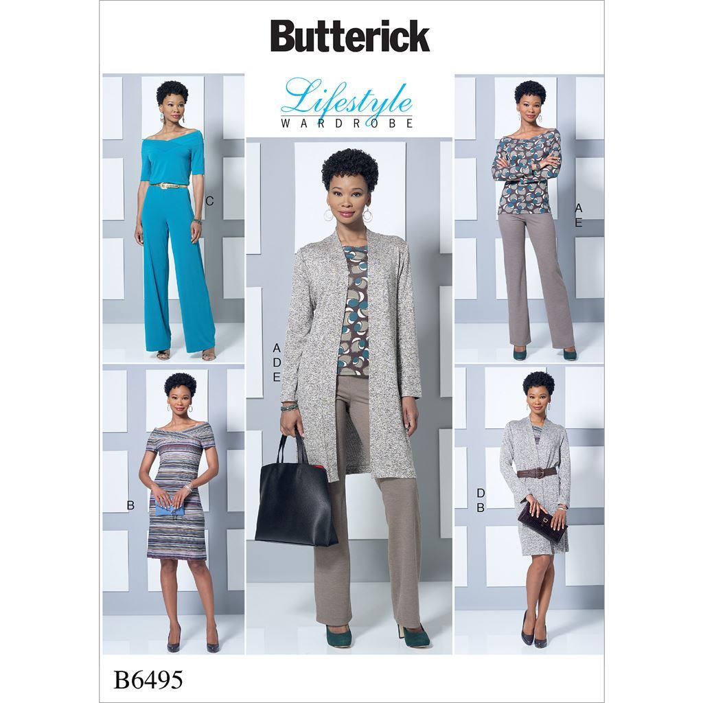 Butterick Pattern B6495 Misses Knit Off the Shoulder Top Dress and Jumpsuit Loose Jacket and Pull On Pants 6495 Image 1 From Patternsandplains.com