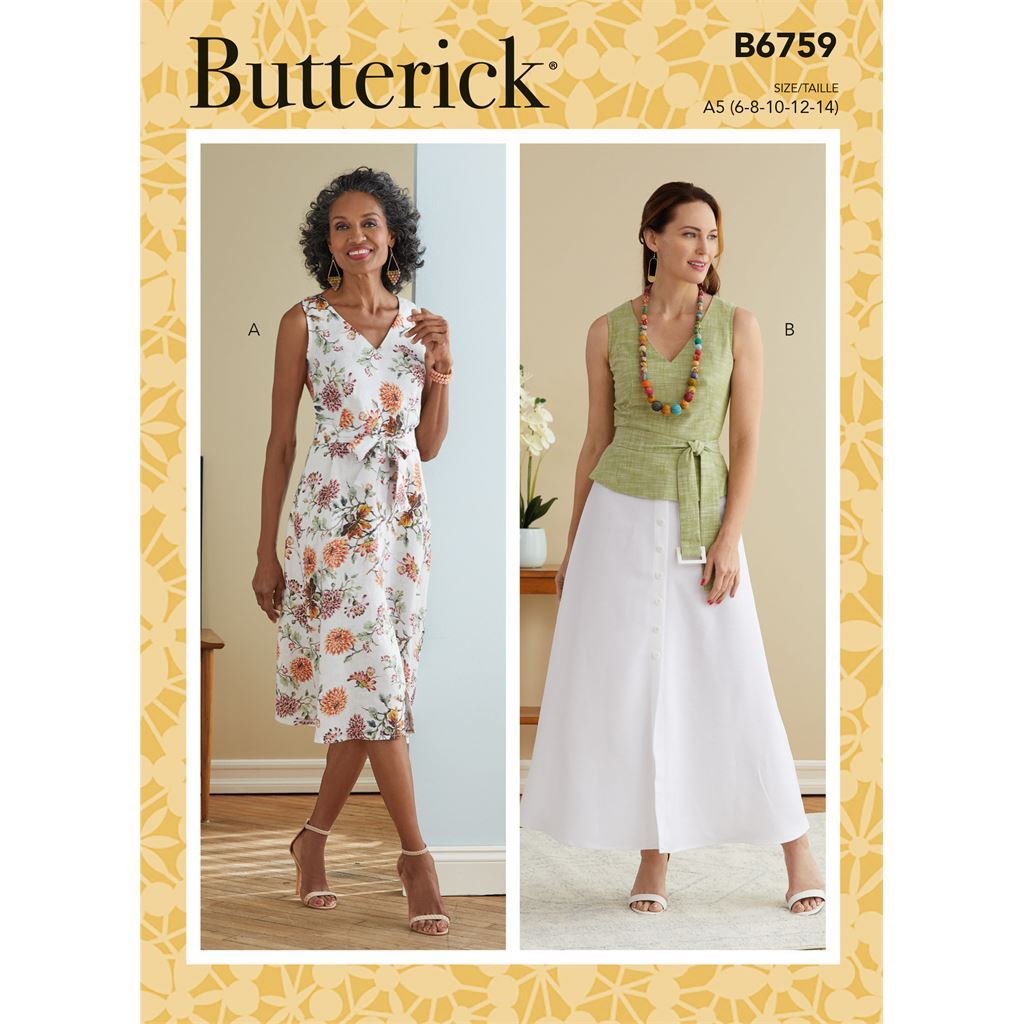 Butterick Pattern B6759 MISSES V NECK DRESS WITH BUTTON FRONT SKIRT 6759 Image 1 From Patternsandplains.com