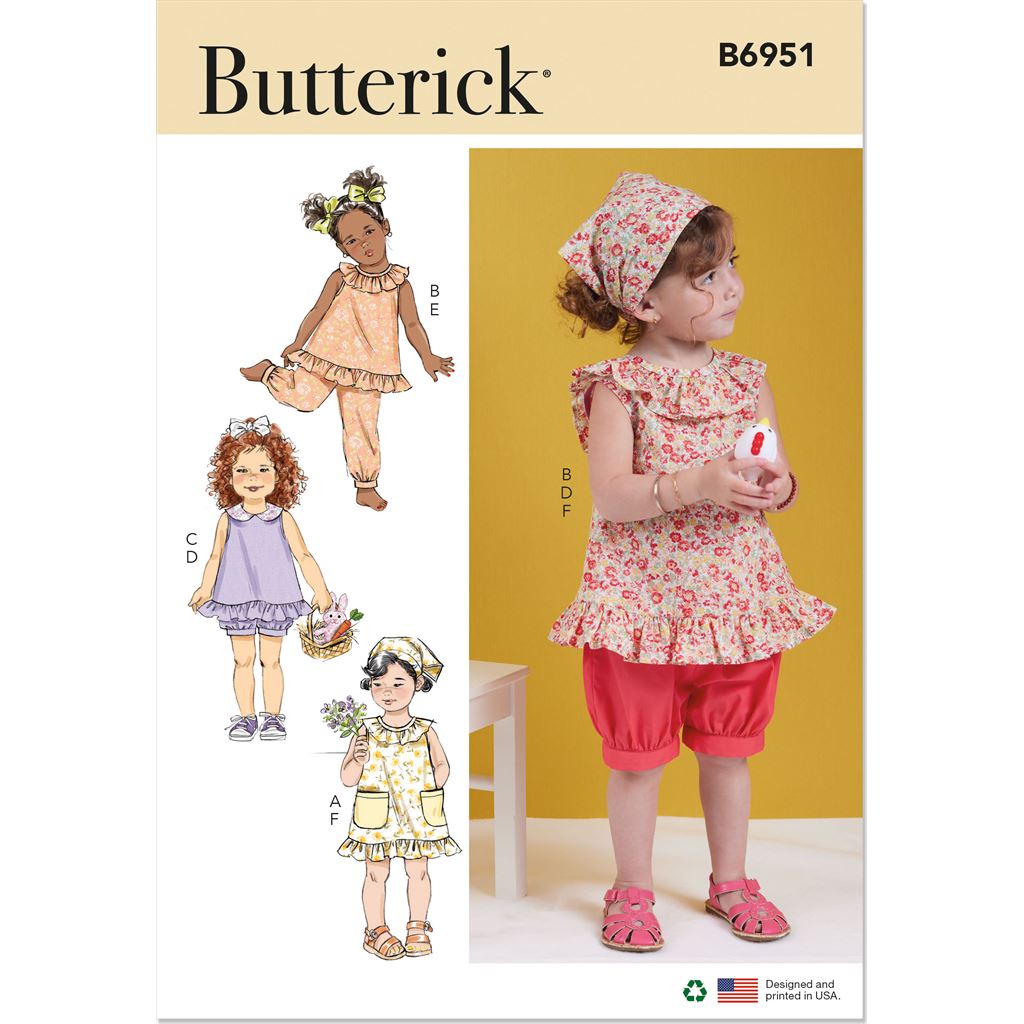 Butterick Pattern B6951 Toddlers Dress Tops Shorts Pants and Kerchief 6951 Image 1 From Patternsandplains.com