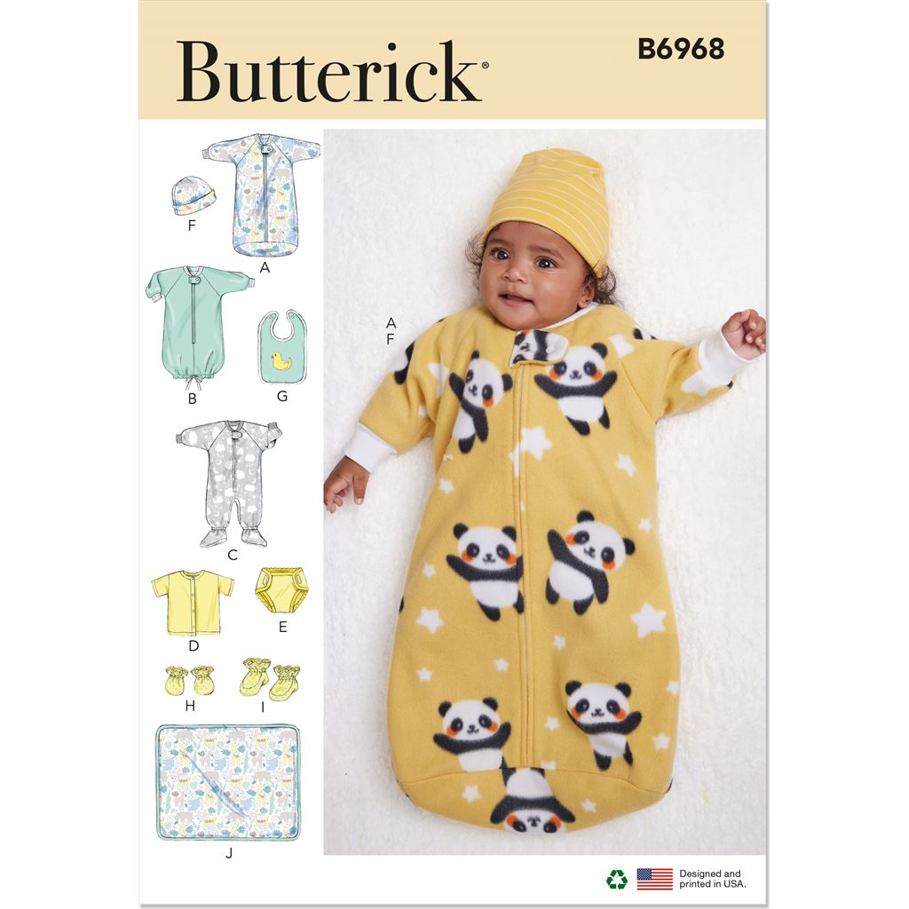 Butterick Pattern B6968 Infants Bunting Jumpsuit Shirt Diaper Cover Hat Bib Mittens Booties and Blanket 6968 Image 1 From Patternsandplains.com