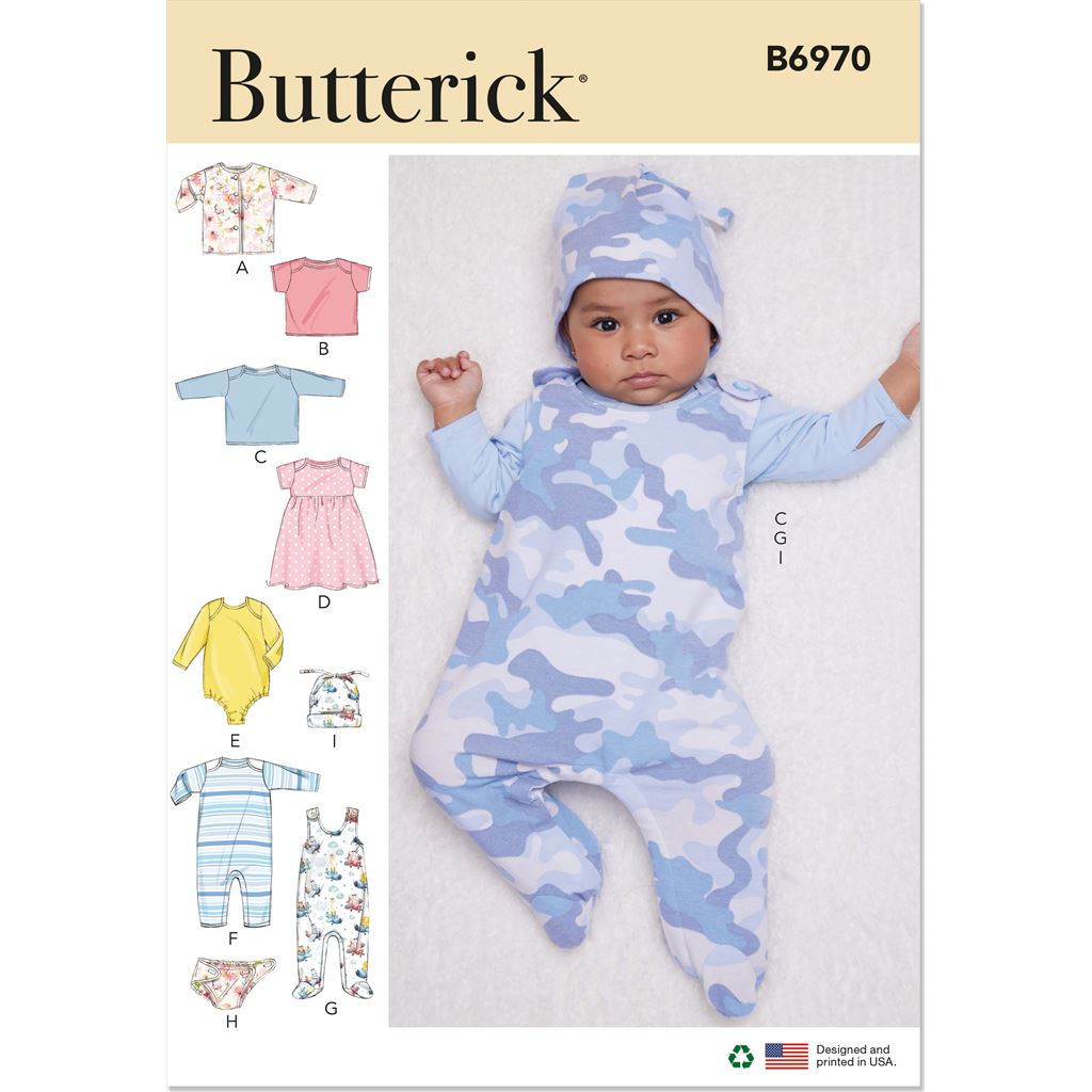 Butterick Pattern B6970 Infants Jacket Tops Dress Rompers Diaper Cover and Hat 6970 Image 1 From Patternsandplains.com