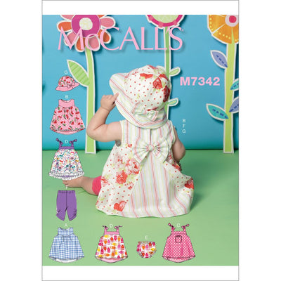 McCall's Pattern M7342 Infants Back Bow Dresses Panties Leggings and Bucket Hat 7342 Image 1 From Patternsandplains.com