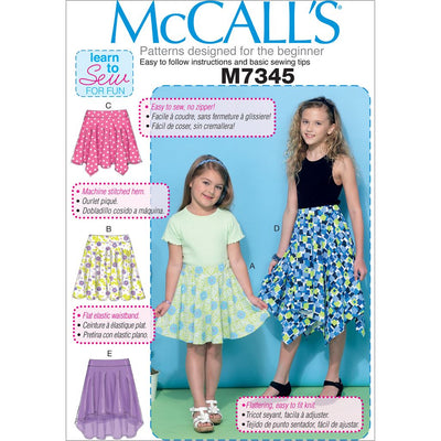 McCall's Pattern M7345 Childrens Girls Straight Handkerchief or High Low Hem Skirts 7345 Image 1 From Patternsandplains.com