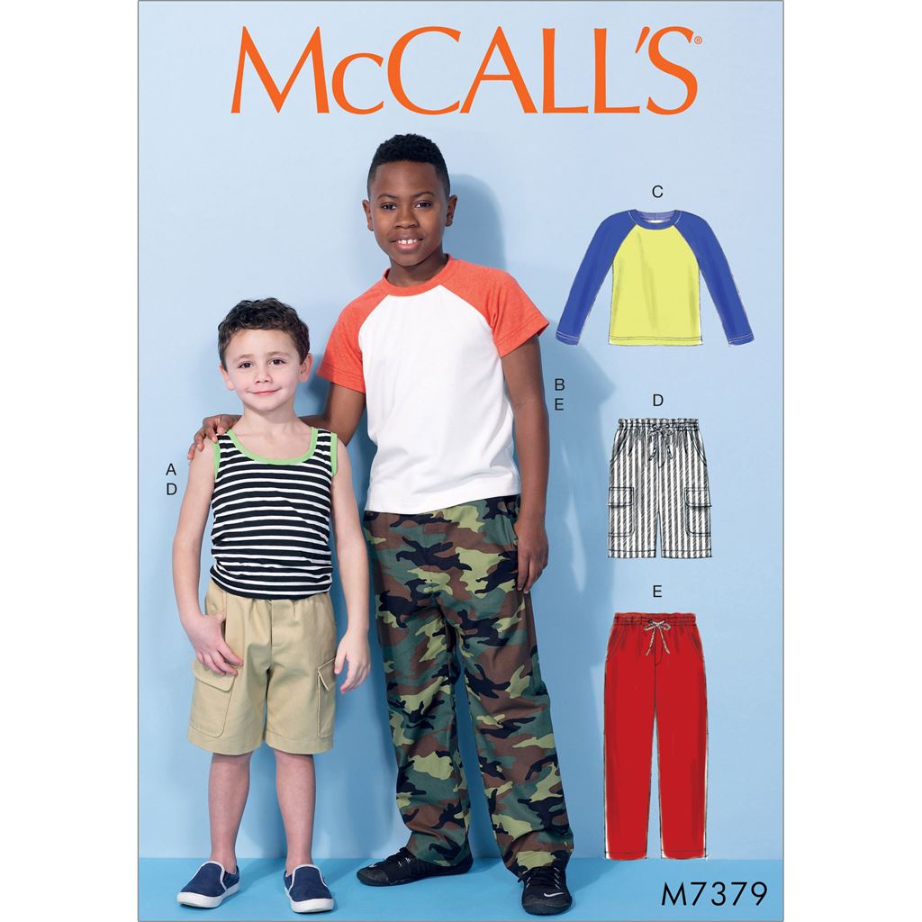 McCall's Pattern M7379 Childrens Boys Raglan Sleeve and Tank Tops Cargo Shorts and Pants 7379 Image 1 From Patternsandplains.com