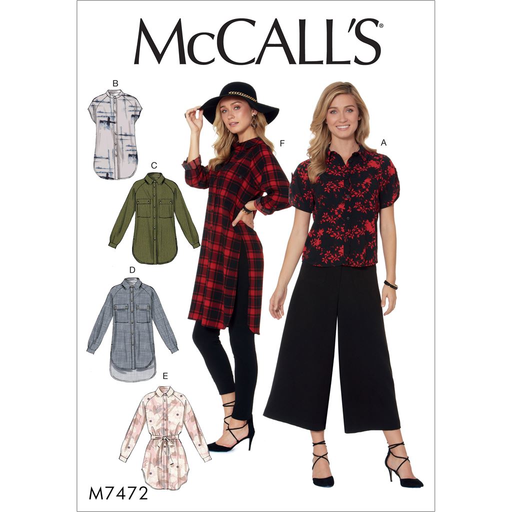 McCall's Pattern M7472 Misses Raglan Sleeve Button Down Shirts and Tunics 7472 Image 1 From Patternsandplains.com