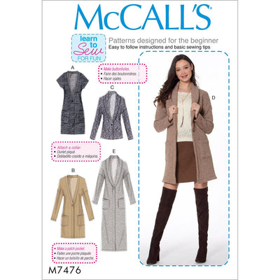 McCall's Pattern M7476 Misses Drop Shoulder Vest and Cardigans 7476 Image 1 From Patternsandplains.com