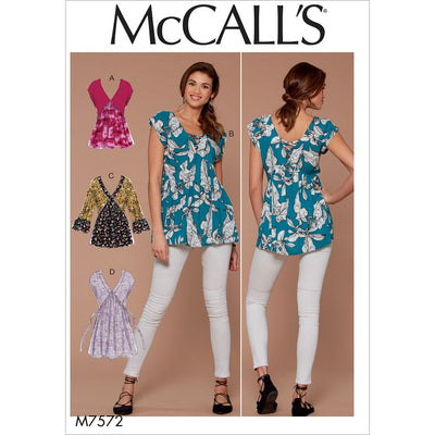 McCall's Pattern M7572 Misses V Neck Gathered Tops with Sleeve and Tie Variations 7572 Image 1 From Patternsandplains.com
