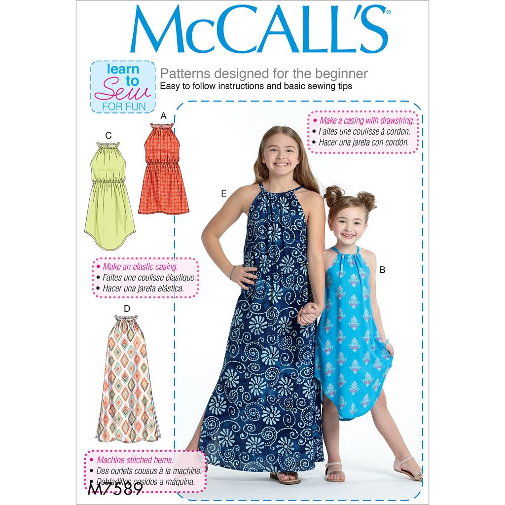 McCall's Pattern M7589 Childrens Girls Gathered Neckline Sleeveless Dresses 7589 Image 1 From Patternsandplains.com