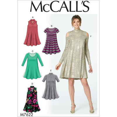 McCall's Pattern M7622 Misses Knit Swing Dresses with Neckline and Sleeve Variations 7622 Image 1 From Patternsandplains.com