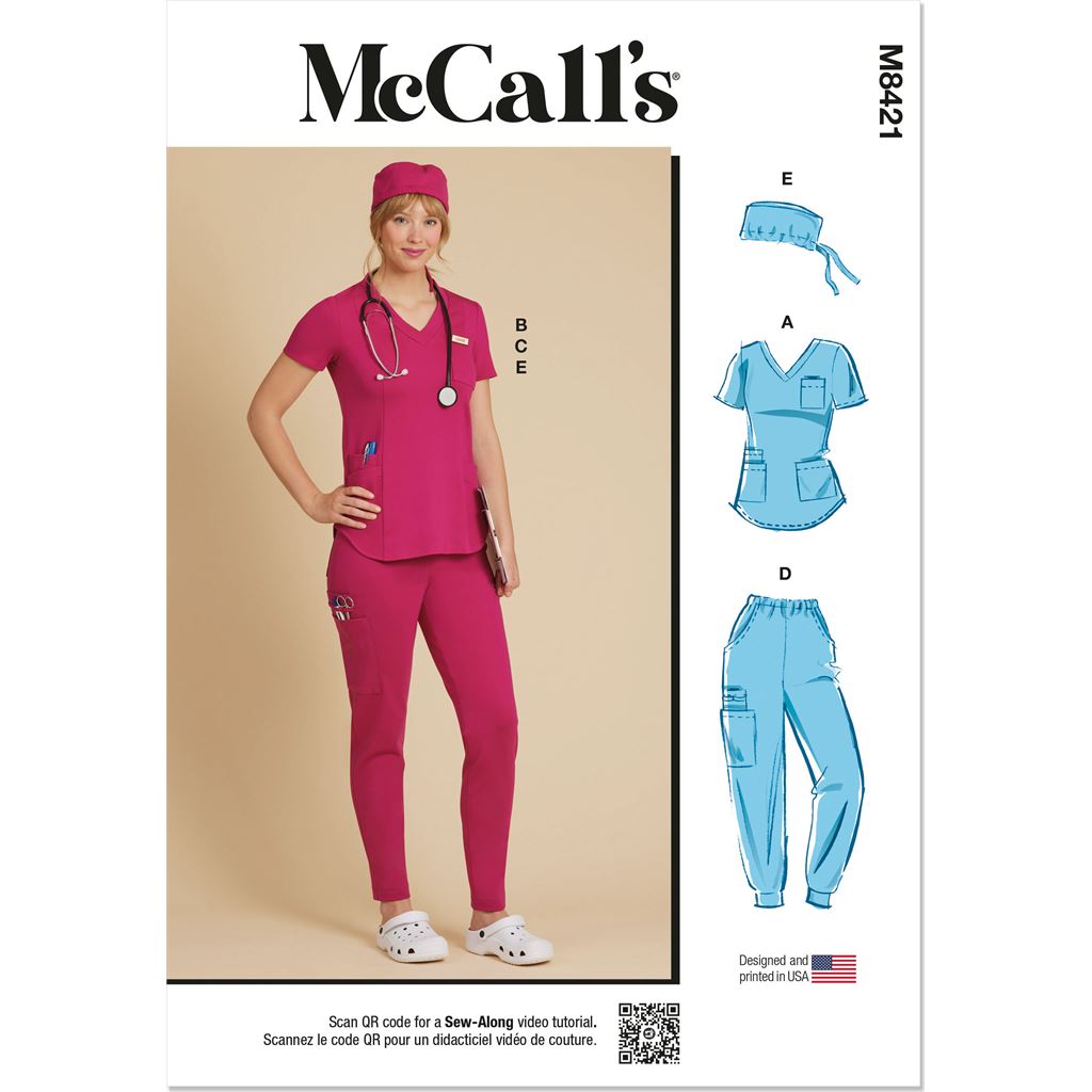 McCall's Pattern M8421 Misses Knit Scrub Tops Pants Jogger and Cap 8421 Image 1 From Patternsandplains.com