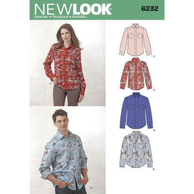 New Look Pattern 6232 Misses and Mens Button Down Shirt Image 1 From Patternsandplains.com